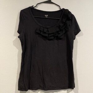 Solid Black Ruffled Short Sleeve Shirt - ana - Size Petite Large (PL)